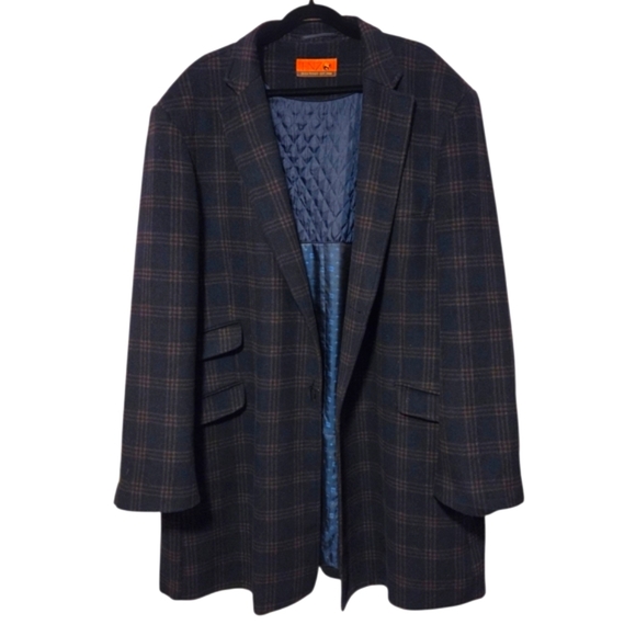 Enzo Tovare Wool Car Coat Men's 54 L Blue Orange Plaid Lined Insulated Jacket - Picture 2 of 15